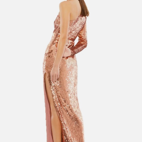 MAC DUGGAL 10788 COPPER SEQUIN ONE SHOULDER LONG SLEEVE COLUMN GOWN sz 12 - Picture 4 of 5
